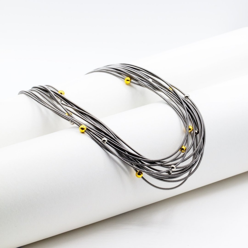 Sea Lily Brand Silver Silk Infused Wire Necklace with Silver and Gold Beads